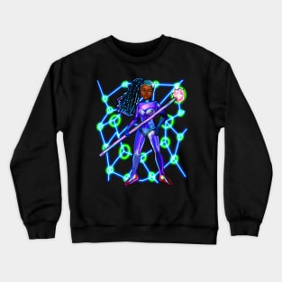 Black anime super hero girl from outer space with lights  ! beautiful  black girl with Afro hair, blue eyes, Cherry pink lips and dark brown skin. Hair love ! Crewneck Sweatshirt